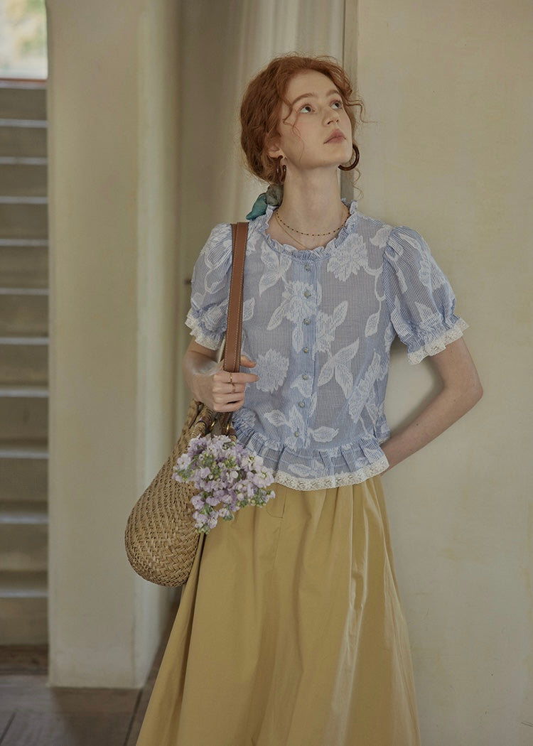 Lilac Garden Blouse | Embroidered Puff Sleeve Ruffle Top