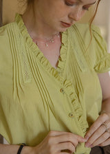 Sunday Picnic Blouse | Lace Trim Puff Sleeve Vintage Top(2COLOR)