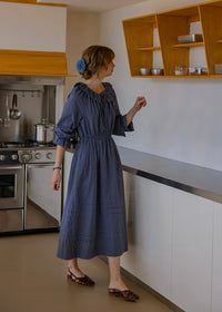 Evening Poem Ruffled White Lace & Navy Check Dress(2COROL)