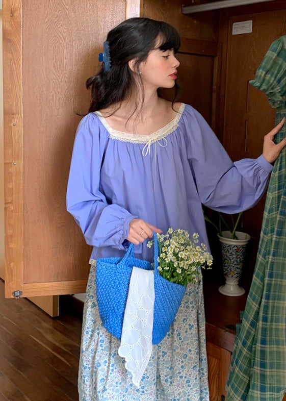 Cornflower Blue Vintage Lace Trim Silk Blouse