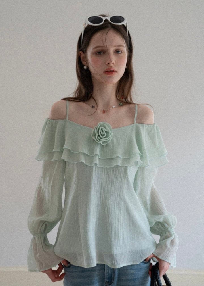 Lumière Mint Off-Shoulder Ruffle Blouse