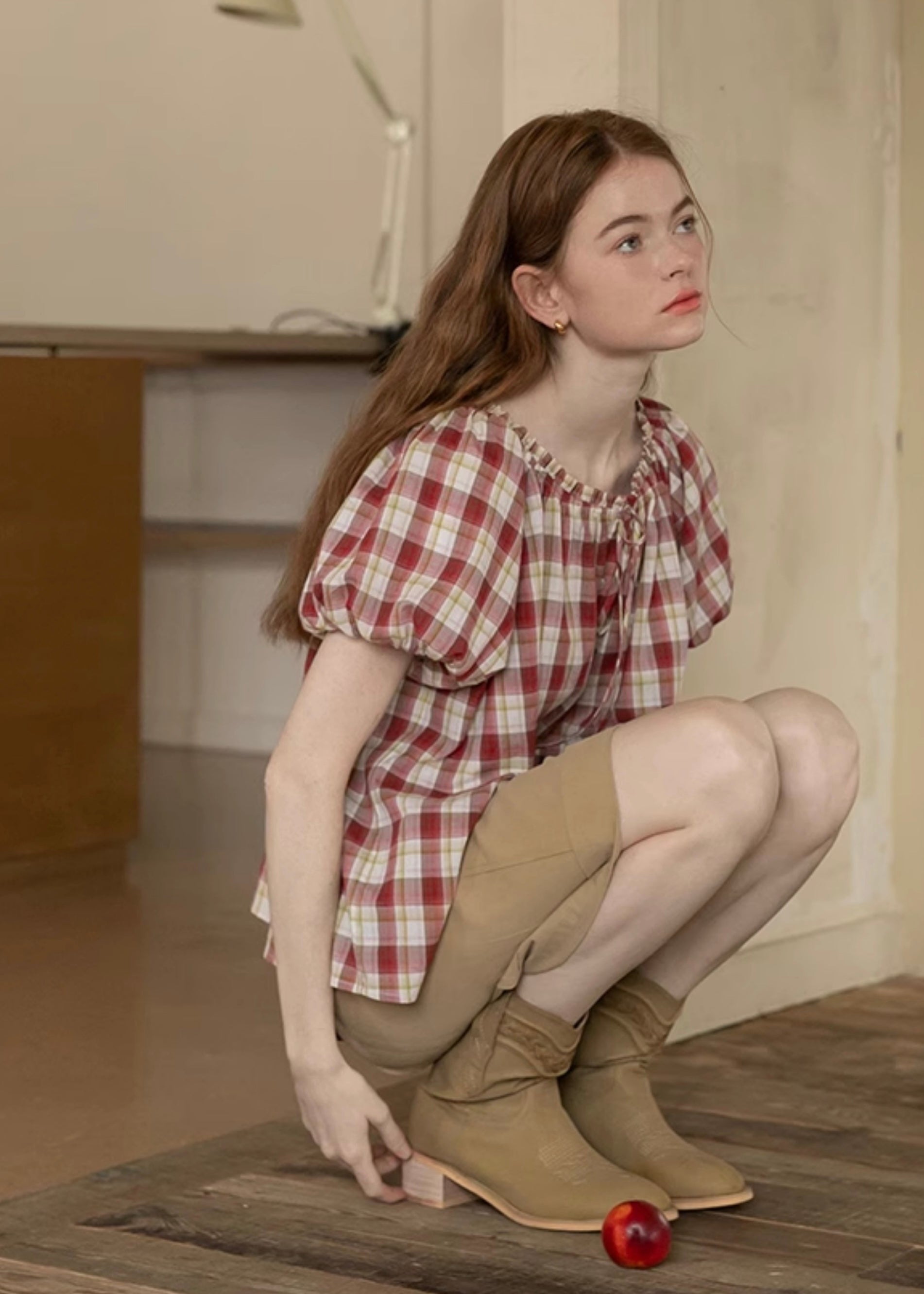 Cherry Plaid Ruffle Blouse | Vintage Red Gingham Short Sleeve Top