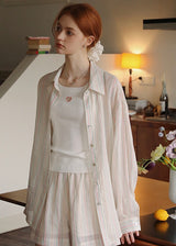 Morning Haze Soft Stripe Set | Pastel Vintage Shirt & Shorts Outfit