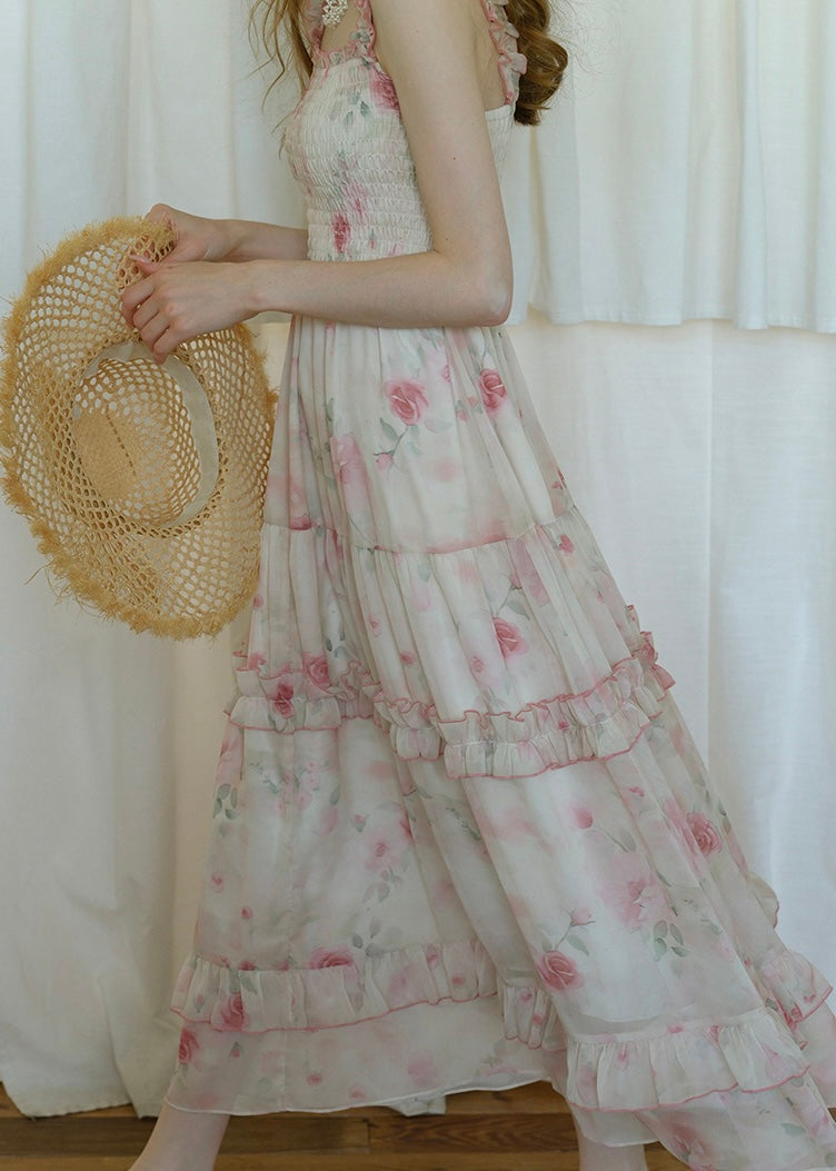 Rosette Waltz Tiered Floral Smocked Strap Dress