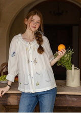 Meadow Poem Embroidered Blouse | Romantic Cotton Round Neck Shirt(2COLOR)