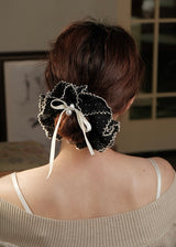 Polka Dot Lace Ruffle Bow Scrunchie Pearl Hair Tie