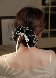 Polka Dot Lace Ruffle Bow Scrunchie Pearl Hair Tie