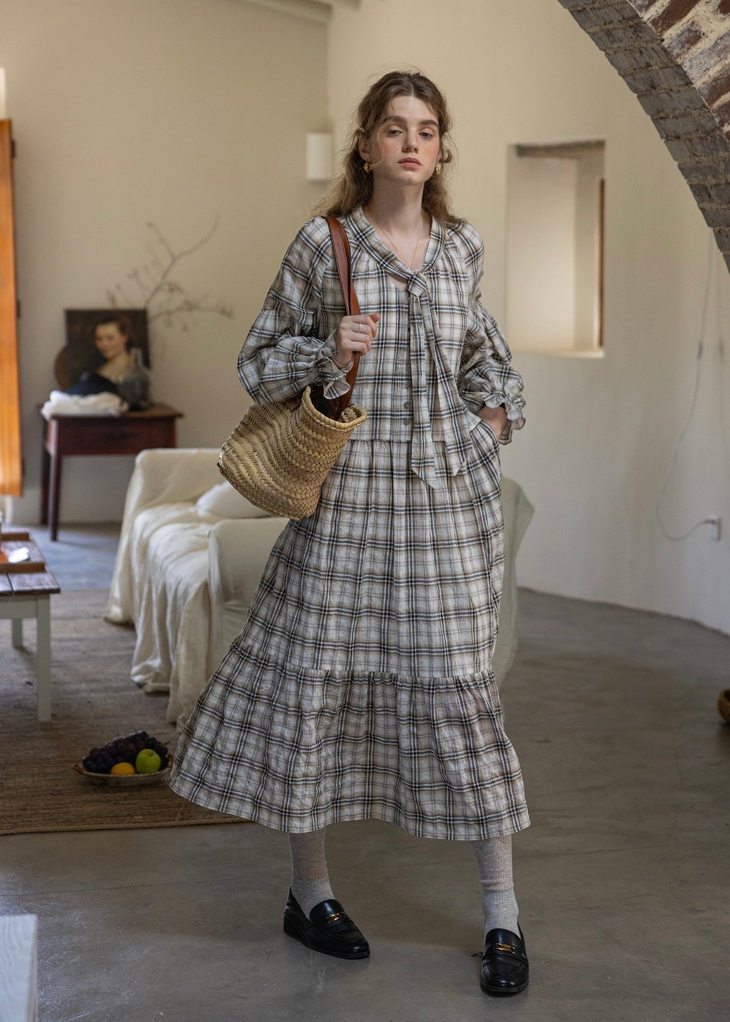 Vintage Check Long Sleeve Tiered Dress
