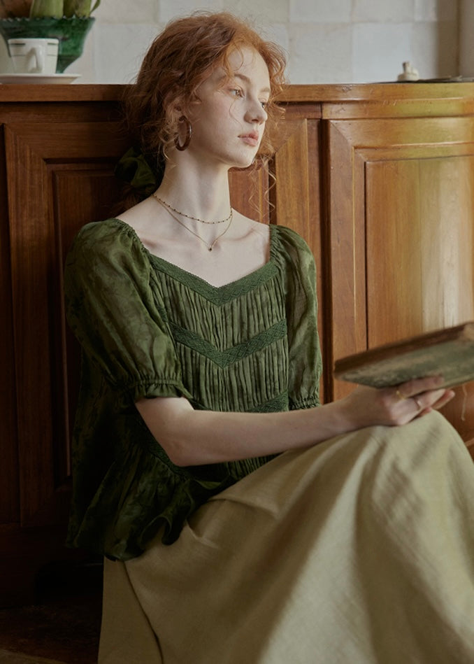 Château Garden Pintuck Blouse | Vintage Dark Green Peplum Top