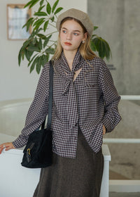 Vintage Plaid Scarf Tie V-Neck Blouse