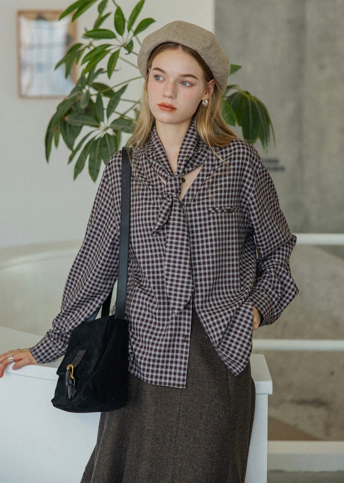 Vintage Plaid Scarf Tie V-Neck Blouse
