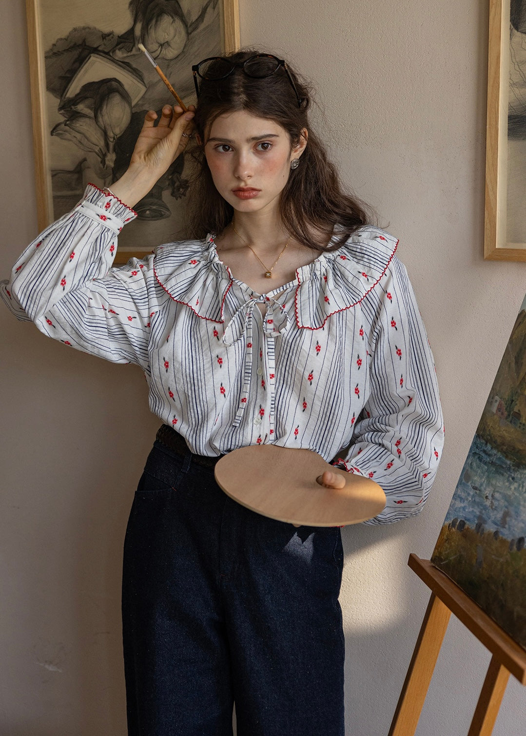 Red Stitch Romantic Vintage Ruffle Blouse