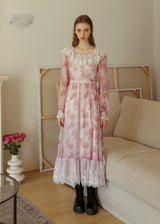 Rose Mist Lace Collar Romantic Vintage Long Dress