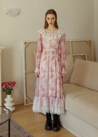 Rose Mist Lace Collar Romantic Vintage Long Dress