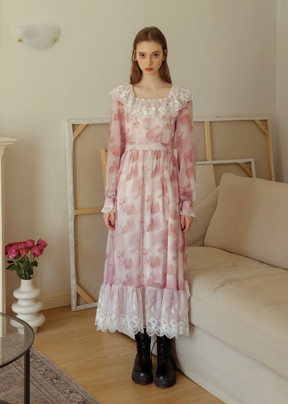 Rose Mist Lace Collar Romantic Vintage Long Dress