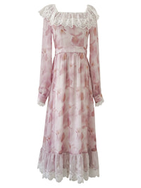 Rose Mist Lace Collar Romantic Vintage Long Dress