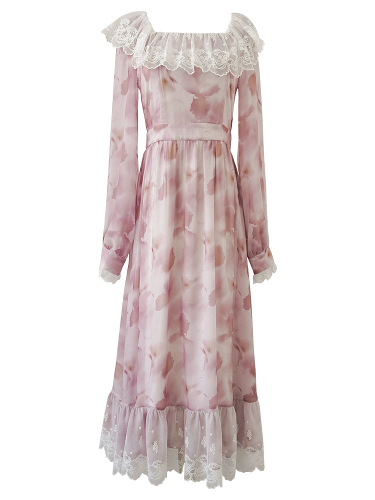 Rose Mist Lace Collar Romantic Vintage Long Dress