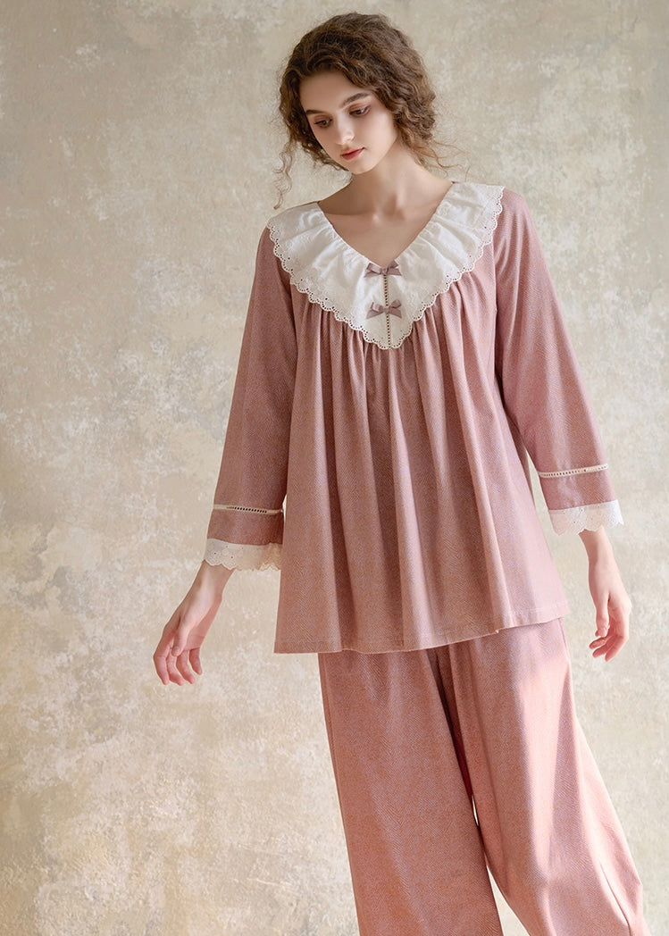 Vintage Lace Collar Pink Long Sleeve Women's Pajama Set