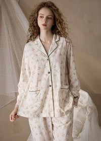 Rose Lace Trim Cream Beige Vintage Pajama Set Nightwear