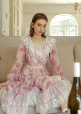 Rose Mist Lace Collar Romantic Vintage Long Dress