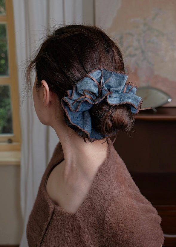 Coffee Denim Vintage Ruffle Scrunchie