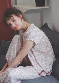 Soft Rouge Cotton Pajama Set Floral Loose Cape Top Long Lounge Set