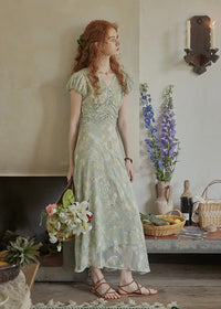 Verde Bloom Long Dress | Vintage Mint Floral Ruched Dress