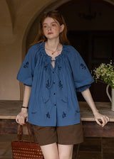 Meadow Poem Embroidered Blouse | Romantic Cotton Round Neck Shirt(2COLOR)