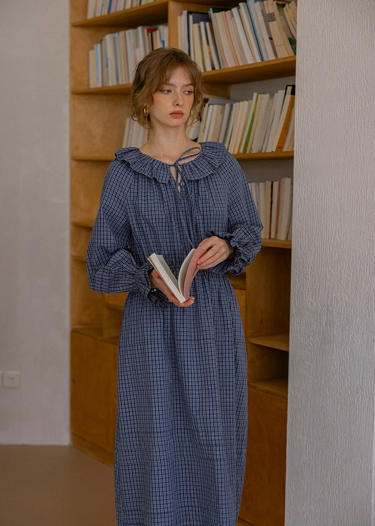 Evening Poem Ruffled White Lace & Navy Check Dress(2COROL)