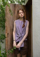 Lavender Knot Gingham Sleeveless Wrap Blouse
