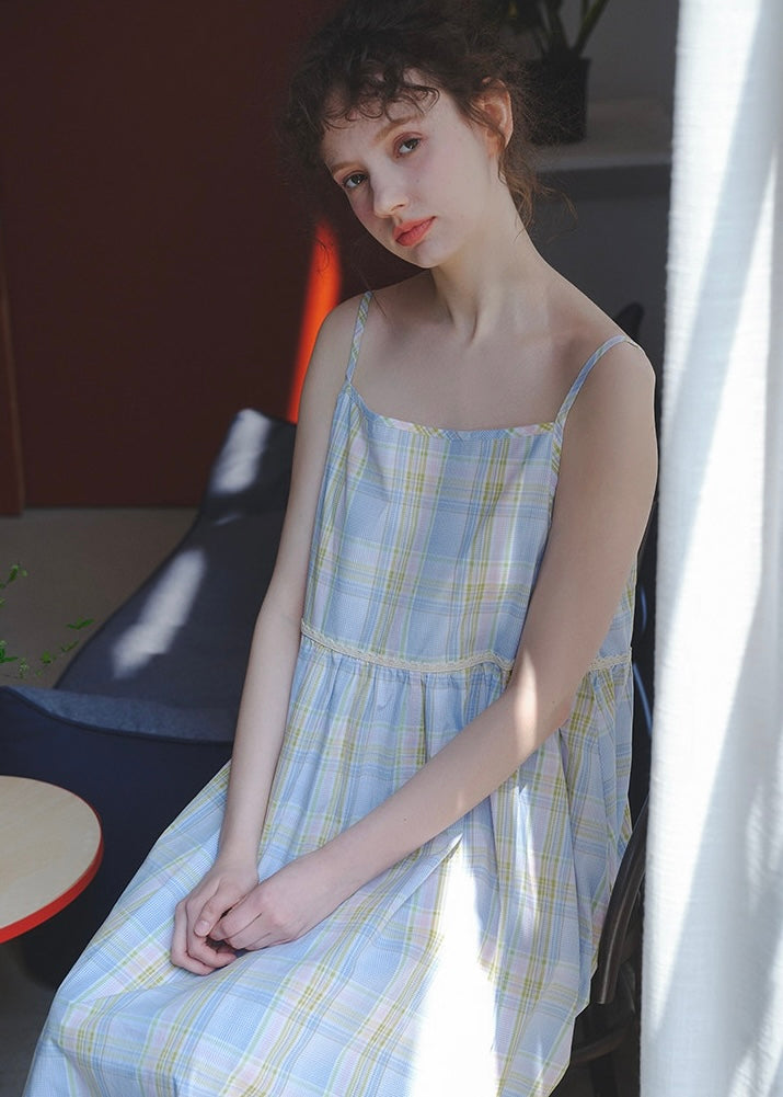 Faded Blue Reverie Check Cotton Slip Nightdress
