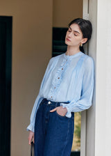 Cloudlight Pin Tuck Blouse | Vintage Blue Long Sleeve Ruffle Shirt