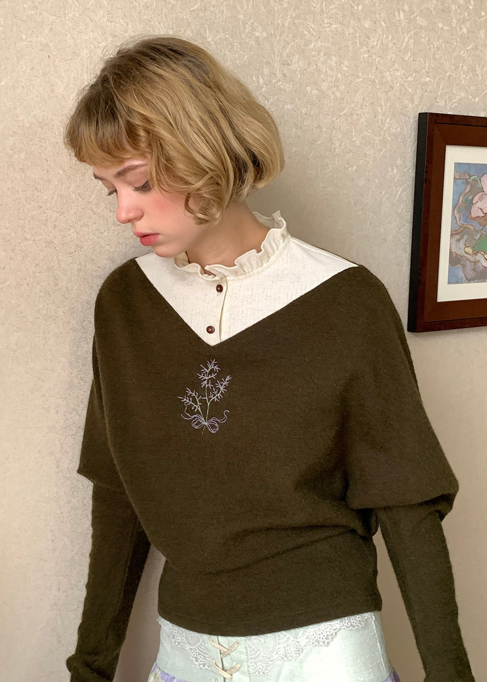 Olive Verse Embroidered Vintage Layered Knitwear