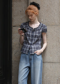 Vienna Plaid Ruffle Blouse | Vintage Puff Sleeve Check Top