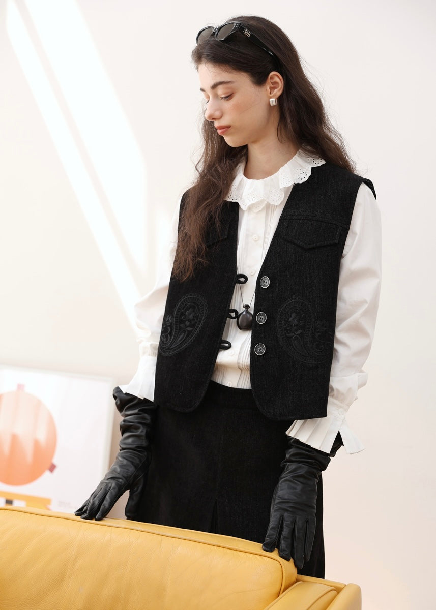 Midnight Paisley Embroidered Corduroy Vest