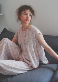Soft Rouge Cotton Pajama Set Floral Loose Cape Top Long Lounge Set