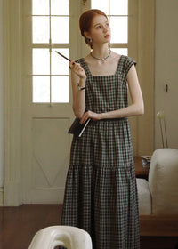 Mellow Check Tiered Dress | Vintage Green Gingham Sleeveless Long Dress