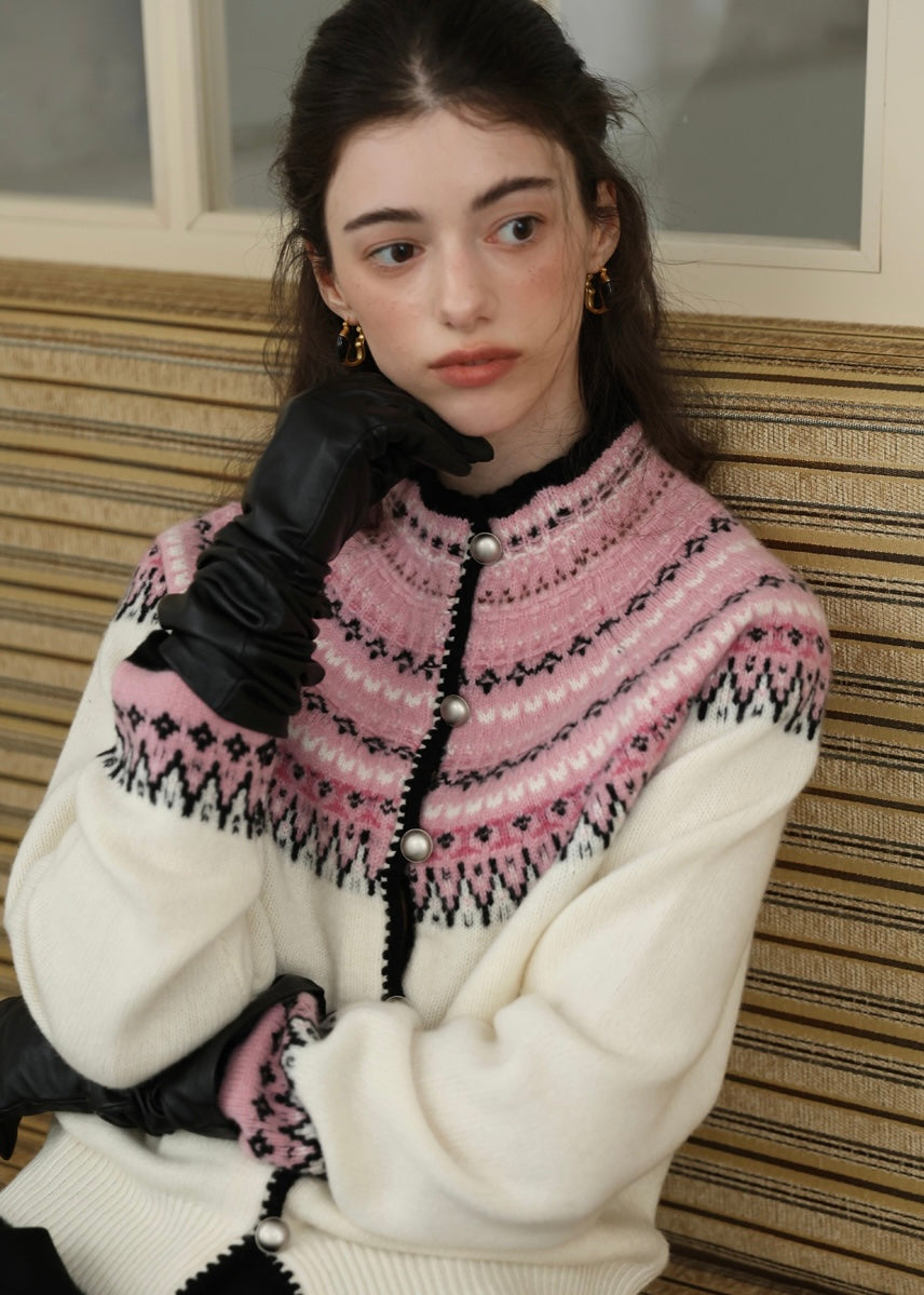 Romantic Fair Isle 100% Wool Vintage Cardigan(2COLOR)