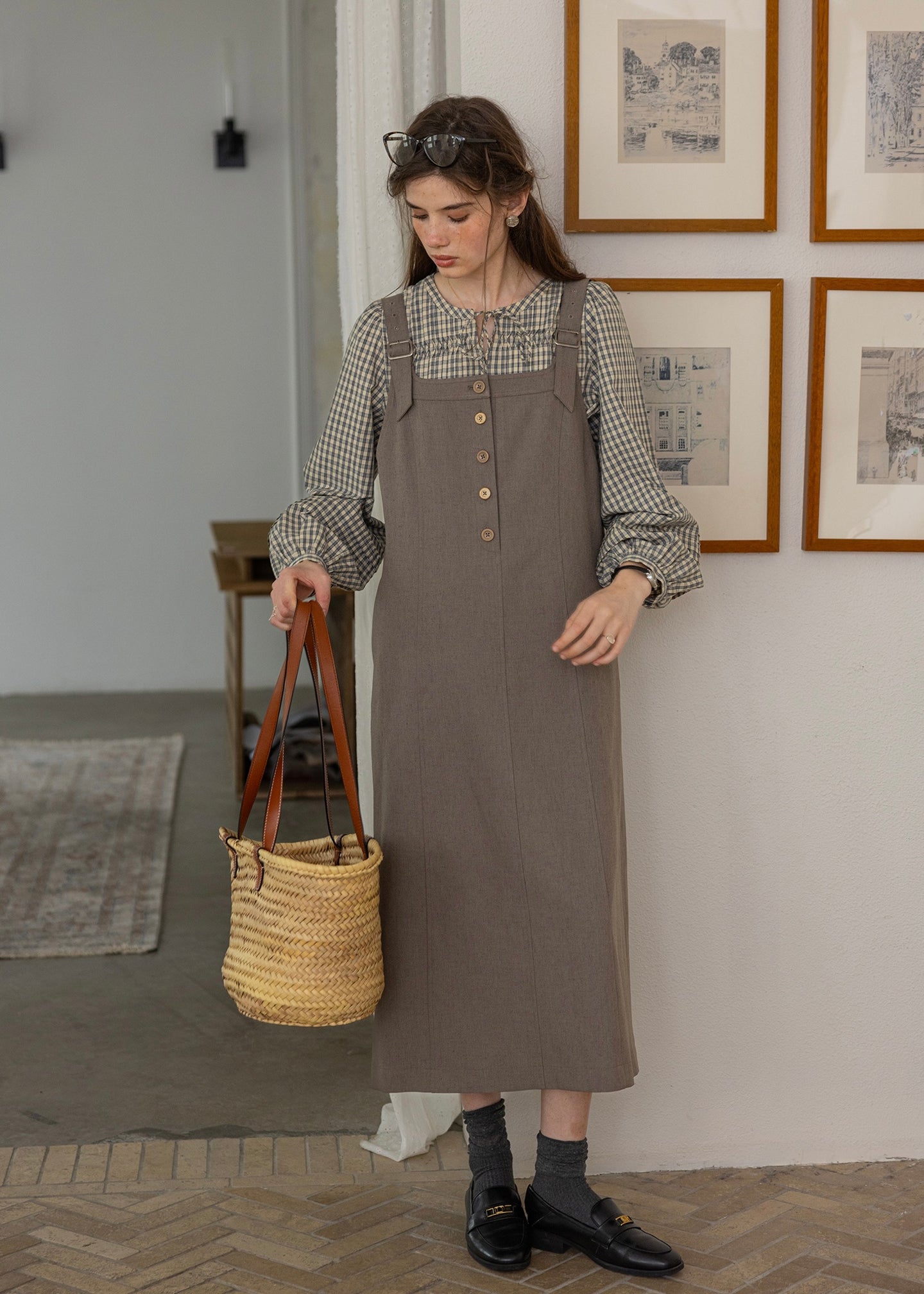 Classic Vintage Button Overall Pinafore Dress(2COLOR)