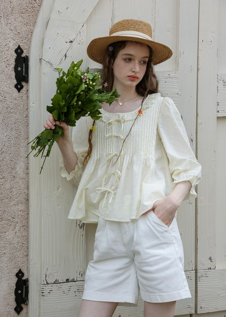 Light Yellow Ribbon Pin-tuck Romantic Vintage Blouse