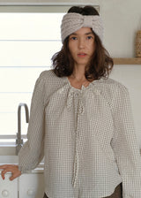 Vintage Gingham Embroidered Puff Sleeve Tie Front Blouse