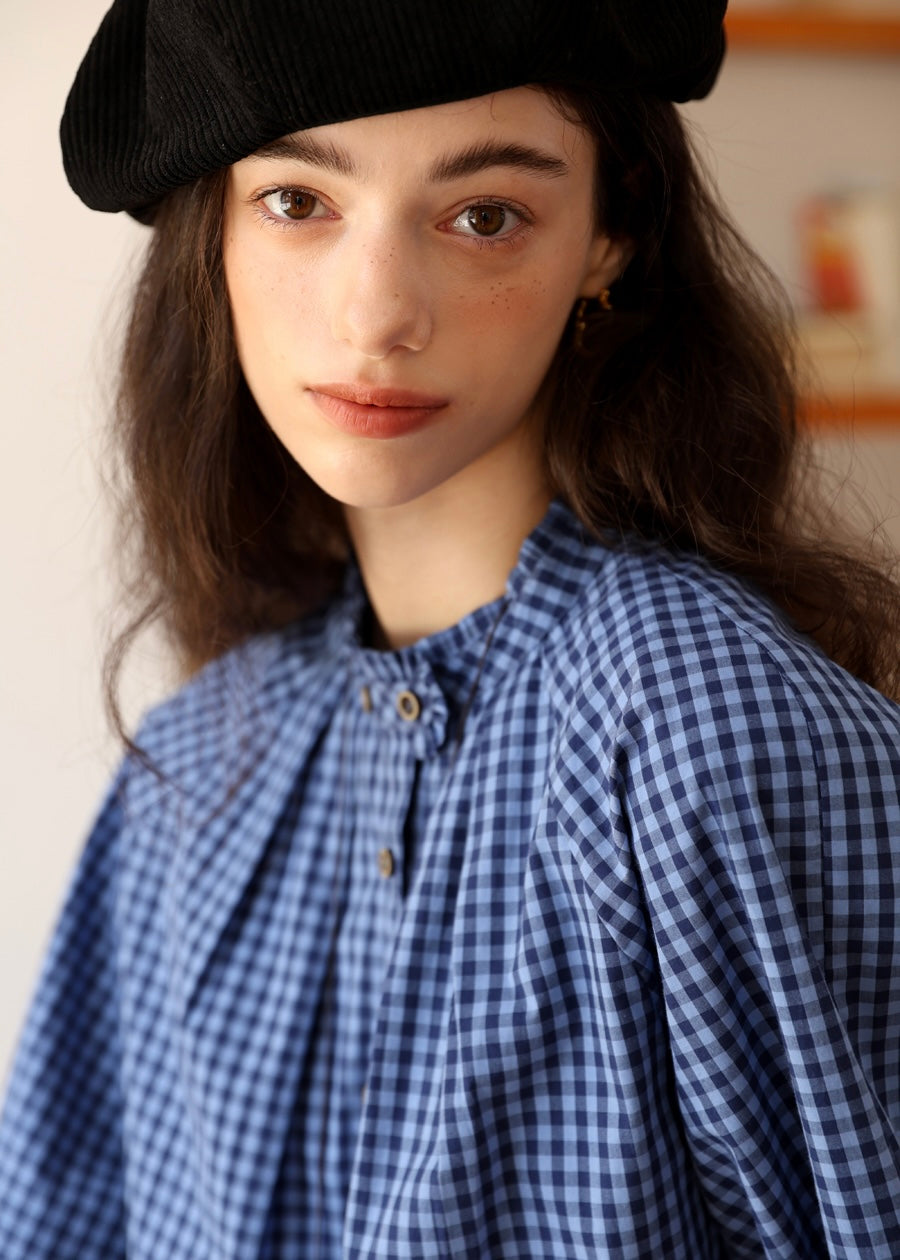 Vintage Blue Check Gathered Shirt