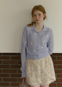Violet Blooming Season Lilac Daisy Embroidered Knit Cardigan
