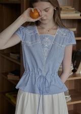 Elodie Blue Gingham Embroidered Tie-Waist Blouse