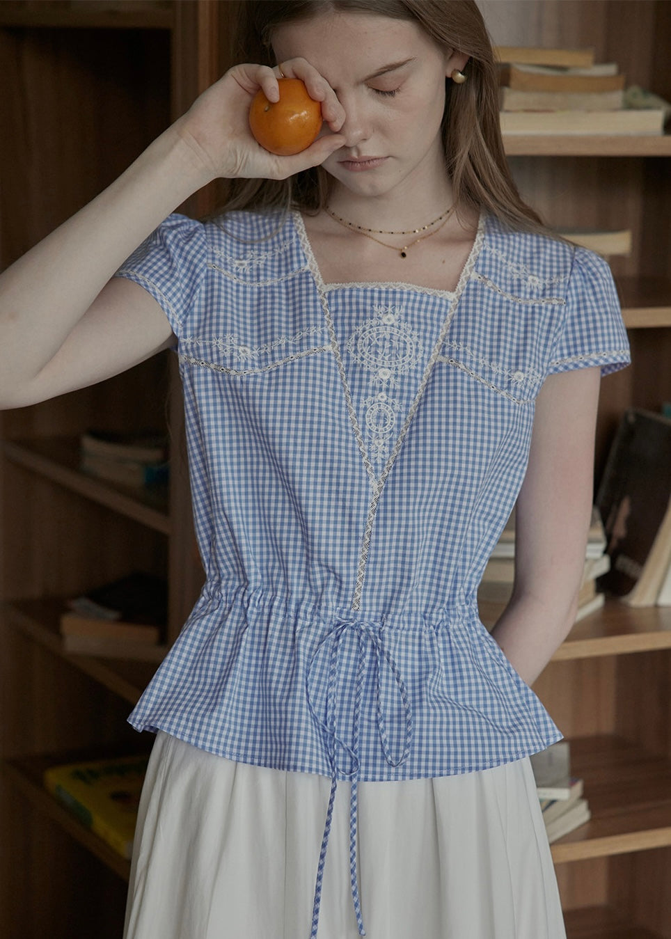 Elodie Blue Gingham Embroidered Tie-Waist Blouse
