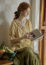 Amber Ruffle Bloom Blouse | Vintage Yellow Embroidered Top