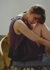 Plum Check Frill Linen Loungewear Sleeveless Top Shorts Pajama Set