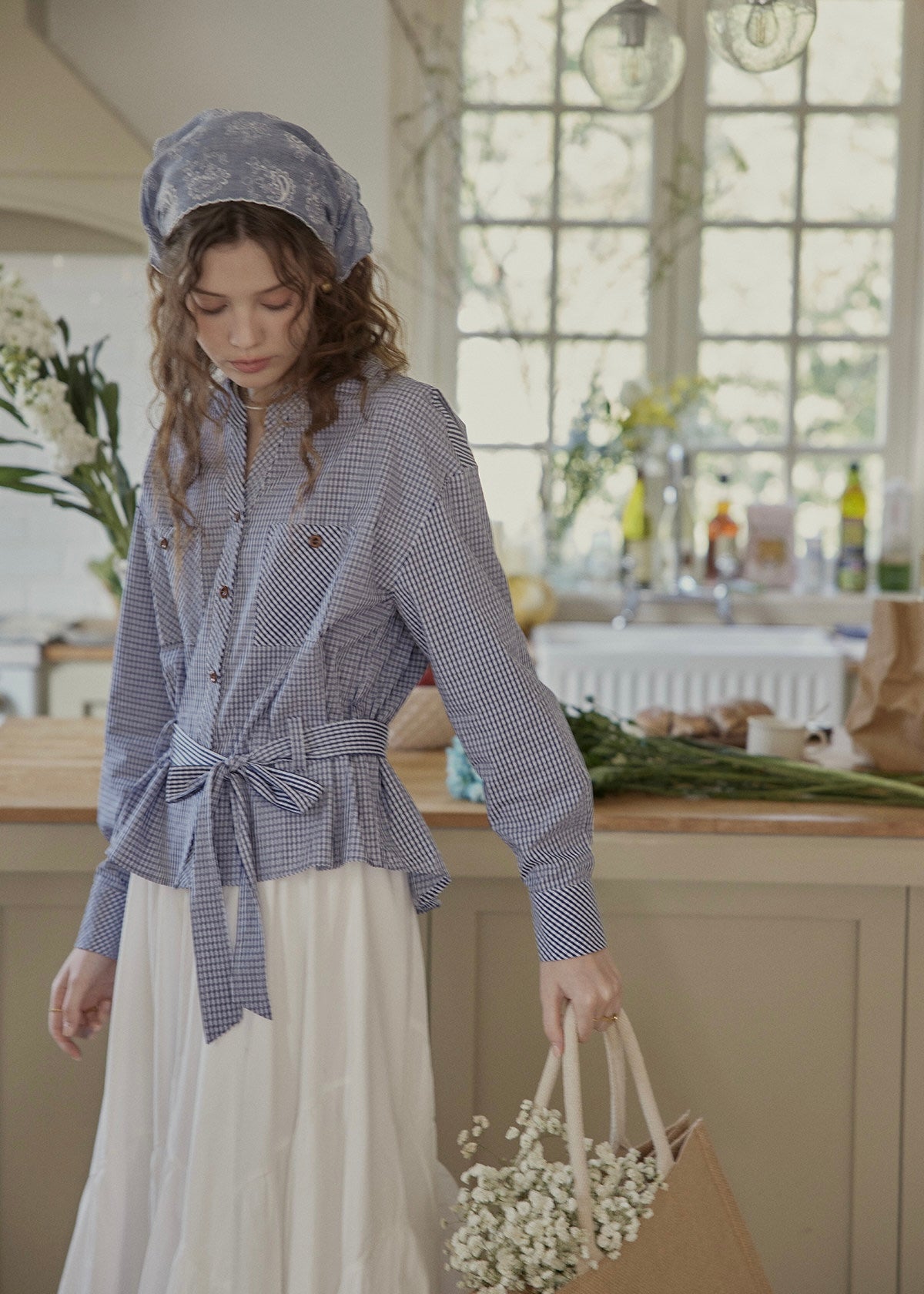 Blue Letter Gingham Tie-Waist Vintage Blouse