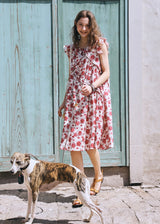 Rosalie Ruffle Floral Dress | Romantic Red Flower Midi Dress for Summer