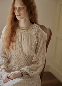 Vintage Floral Smocked Waist Ruffle Neck Long Dress